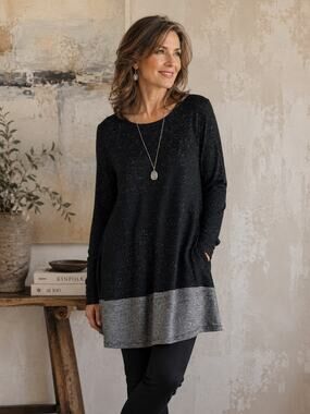 Noblu Black Spackle Tunic Blouse Gray Contrast Long Sleeve Casual Size Medium